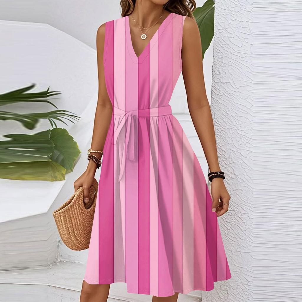 Women's Summer Fashion Loose V-Neck Sleeveless Lace-Up Striped Print Dress