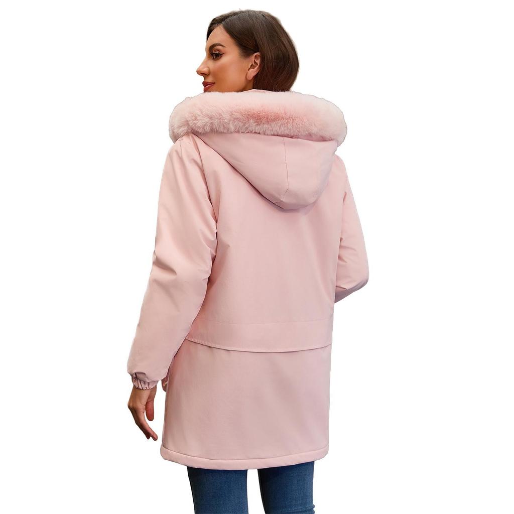 Women’s Parka Coats Faux Fur Hooded Fleece Lining Zipper Warm Cotton Jackets Mid-length Puff Outerwear Winter Clothes