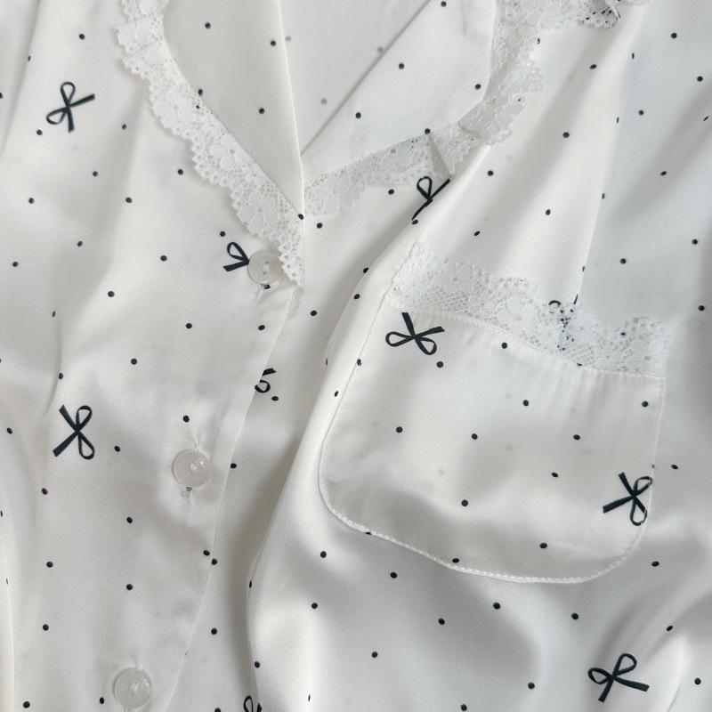 Yase Cream Polka Dot Bow Pajamas with Lace Trim - Cute and Girly Spring Collection