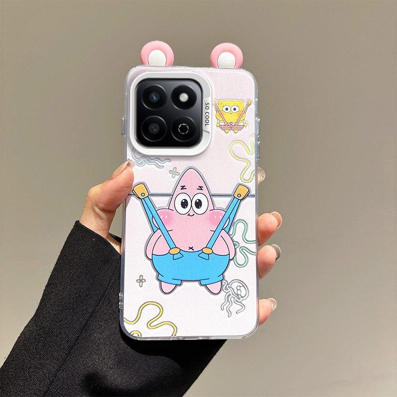 KEYSION Cute Ear Cartoon Case for HONOR X7c with Lanyard Soft Silicone+PC Shockproof Phone Cover for Huawei Honor 200 Smart 5G