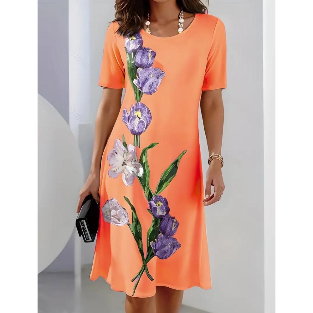 Women's Short-sleeved A-line Skirt 3d Color Printed Pullover Dress Fashionable and Elegant Summer Loose Round Neck Dress