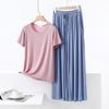 Color Block Cotton Crew Neck Two-Piece Set: Short Sleeve Top & Wide Leg Drawstring Pants