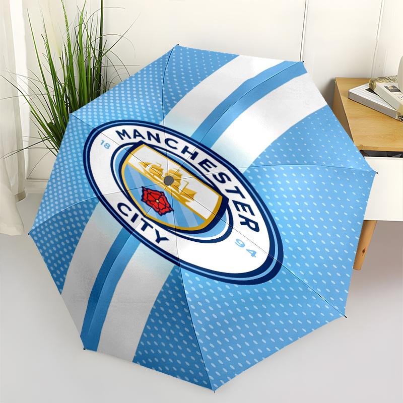 Manchester City Football Club Print Automatic Umbrella, 8 Rib Iron Frame, Plastic Handle, Suitable for Outdoor Travel &Daily , Ideal Gift