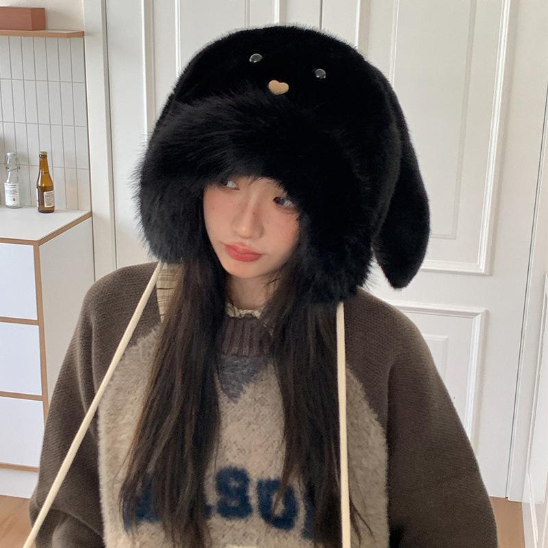 Süßer großer Kaninchenohren Plüschhut für Damen, Herbst und Winter, für großen Kopfumfang, lässt das Gesicht kleiner erscheinen, Ohrenschützerhut, verdickt, um warm zu halten, Kind