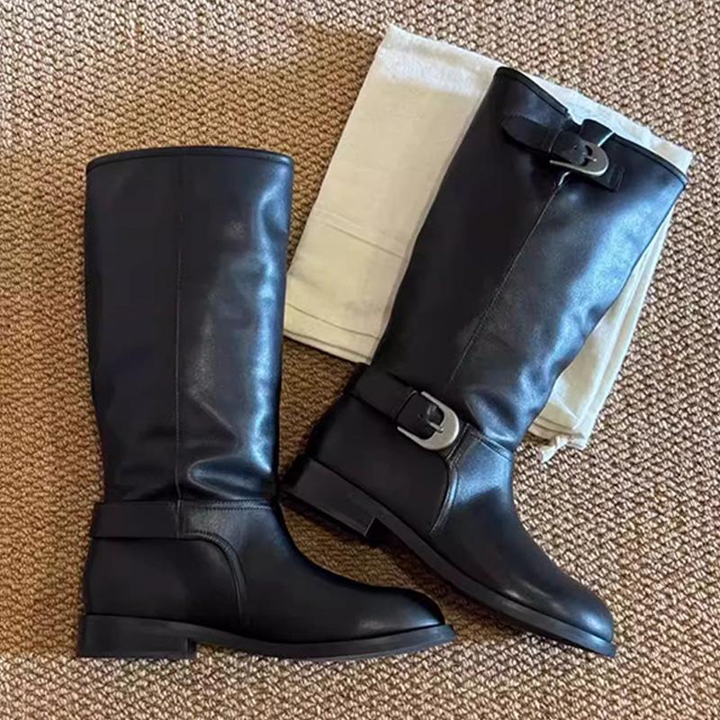 Cowhide version! Retro western cowboy boots women's belt buckle big tube circumference fat MM but knee thick heel thin knight boots
