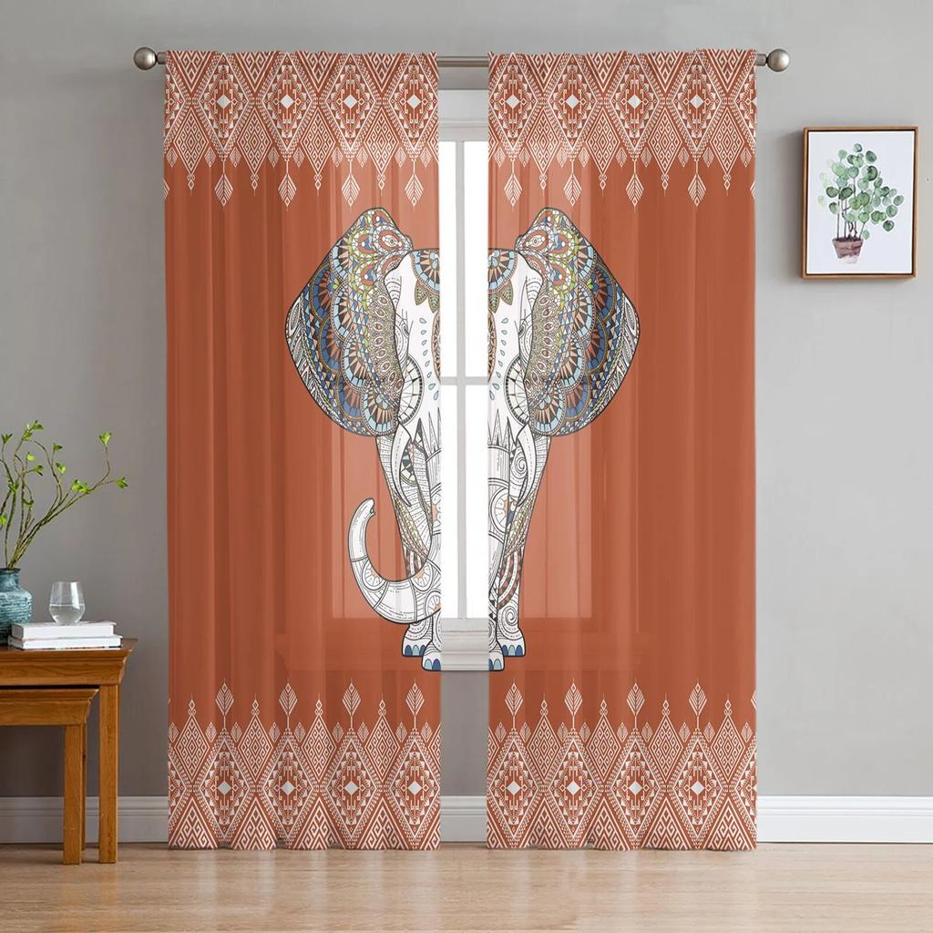 Elephant Hand Drawn Indian Style Sheer Curtains For Bedroom Living Room Tulle Curtains For Kitchen Window Voile Curtains