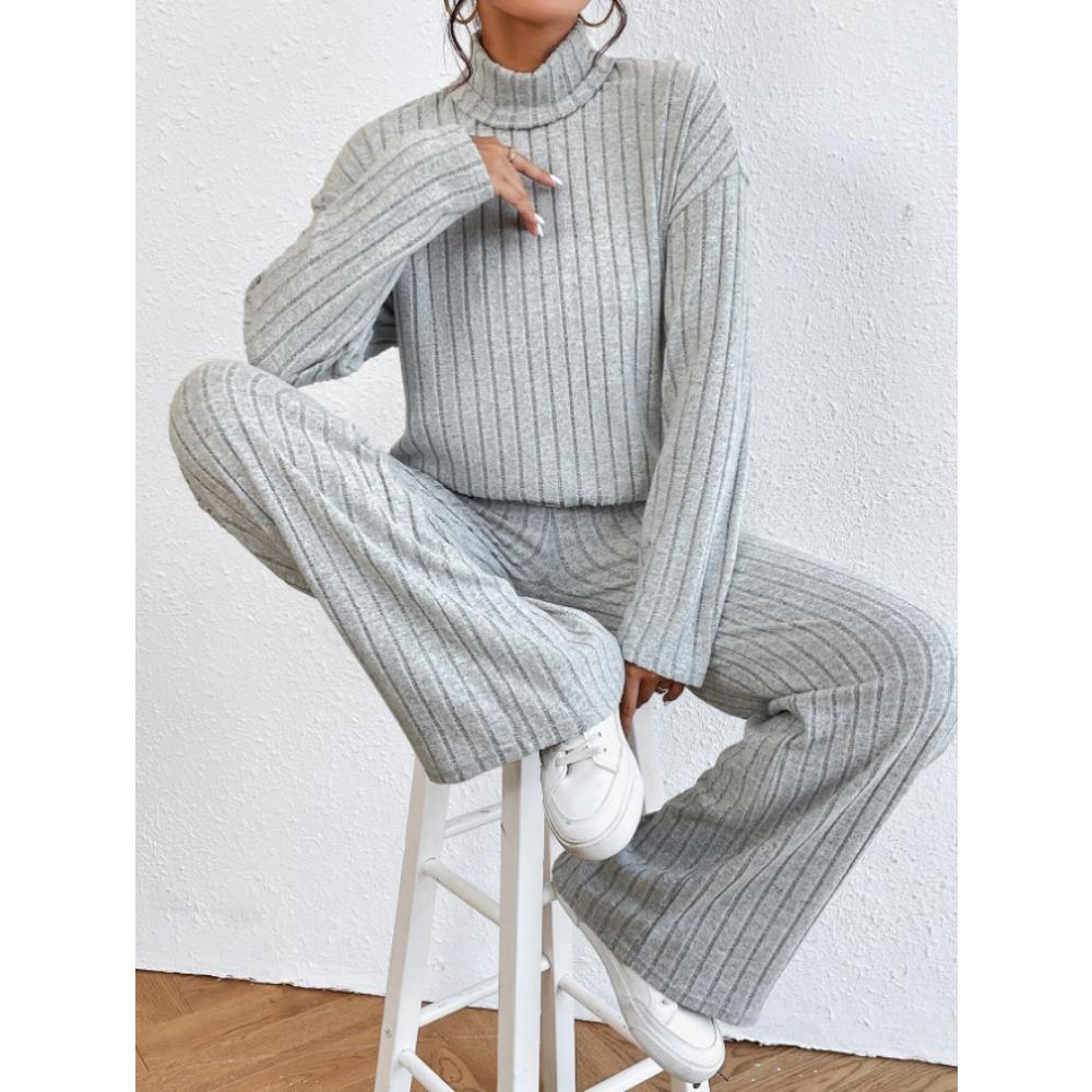 Completo casual da donna in 2 pezzi, felpa a collo alto in maglia a maniche lunghe e set di pantaloni larghi per autunno inverno