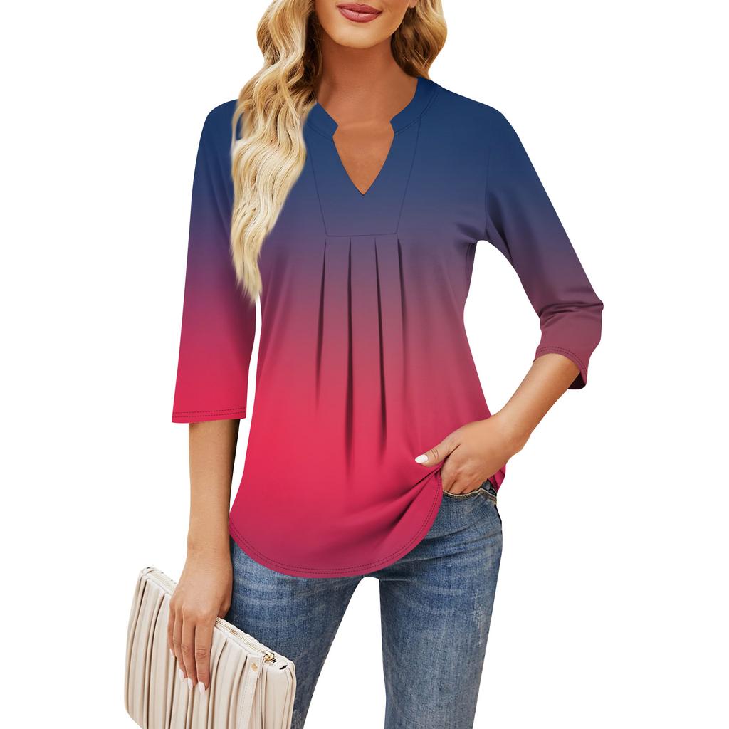 Damen Siebenviertelärmel Tops Lässig V-Ausschnitt Brustrüschen Einfarbig Locker T-Shirt Tops