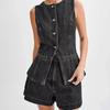 Spring/Summer Fashionable and Casual Sleeveless High - Waisted Denim Set for Women - Button - Down Sleeveless Vest with Pockets + Shorts