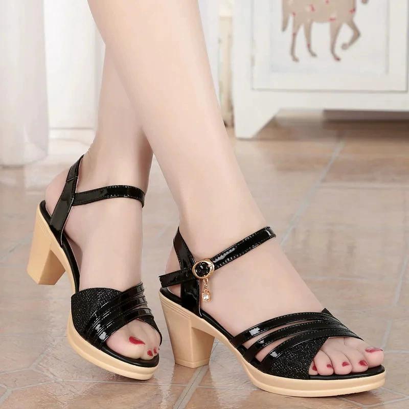 Sandali Estivi da Donna Taglia Grande, Tacchi Spessi, Tacchi Alti da Mamma, Plateau Resistente, Scarpe da Donna con Bottone Singolo, Traspiranti