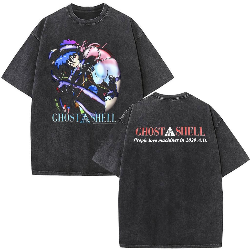Anime Ghost in The Shell Motoko Kusanagi Vintage Lavato Magliette Uomo Donna Abbigliamento Moda Punk Manica Corta Magliette Oversize