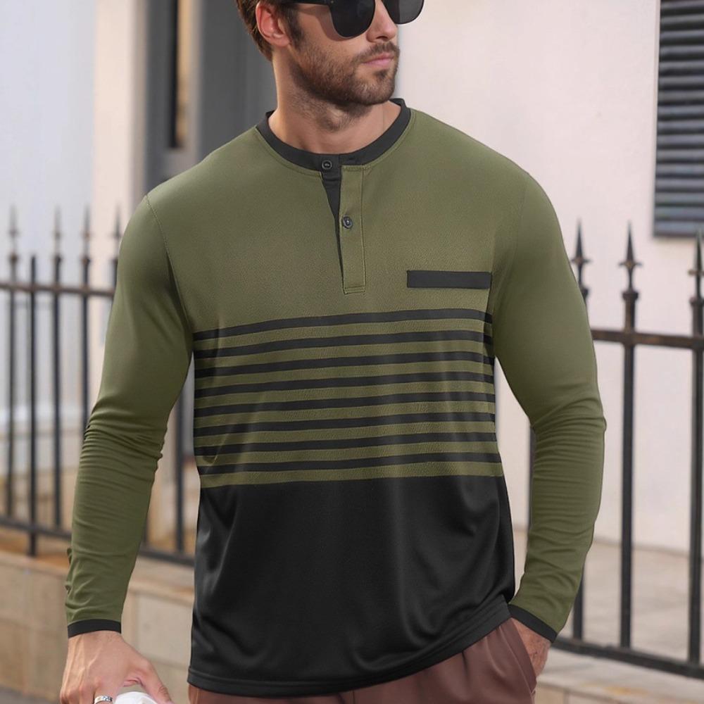 

Spring/Autumn New Arrival Men s Striped Long-Sleeved Henley Button-Front Sports Casual T-Shirt XXXL армія зелений колір