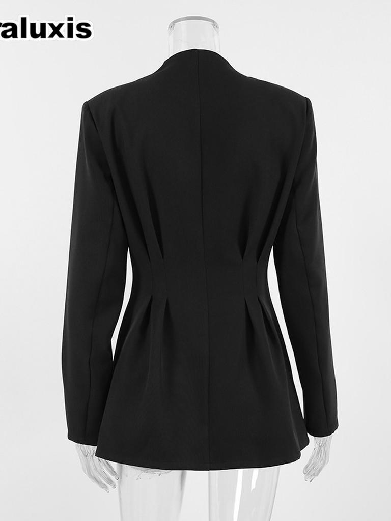Women's Autumn Chic Elegant Slim Fit Waist Black Blazer Workwear V-Neck Suit Jacket