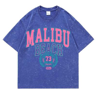 Street Heren Dames Katoen Gewassen T-shirt Malibu Beach Eenvoudige Letterdruk T-shirt Losse Tops Casual Koppelkleding