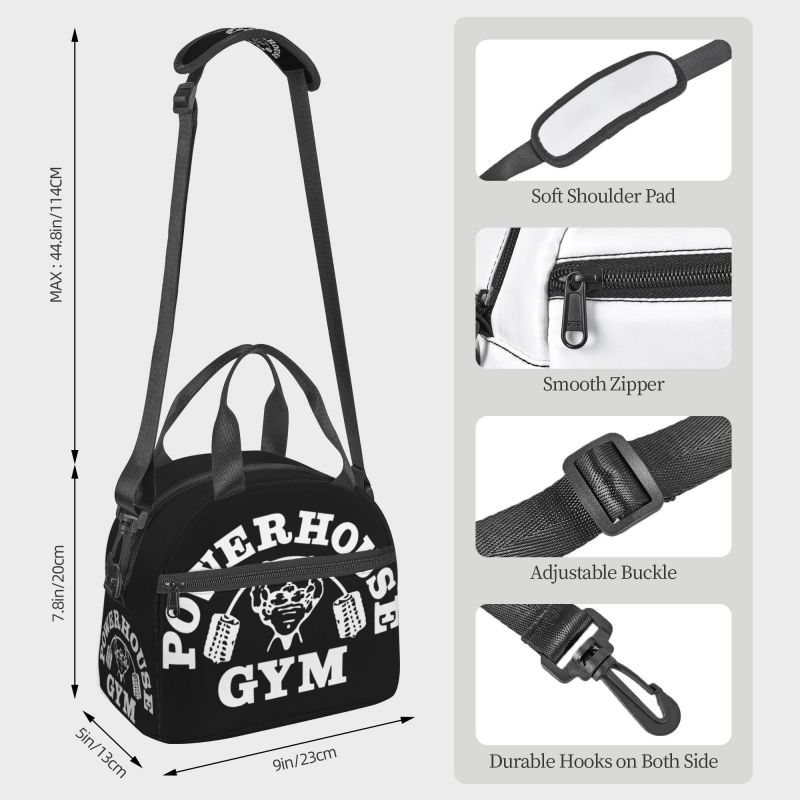Powerhouse Gym Logo Print Thermal Lunch Bag with Adjustable Shoulder Strap Insulated Lunch Box Reusable Portable Bento Tote Bag