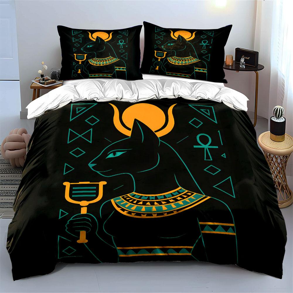Ancient Egyptian Cat Goddess Illustration Bedding Set for Kids Luxury Gift 3pcs Digital Print Comforter Set Soft Comfortable