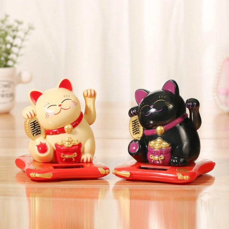 Chinese Lucky Cat Solar Powered Waving Hand Lucky Cat Car Decoration Figurine For Good Luck Welcome Waving Cat Sculpture