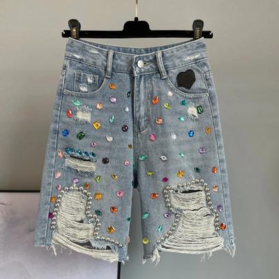 Jean déchiré coloré à clous et perles, short bleu taille haute, ample, brillant, tendance, polyvalent, décontracté
