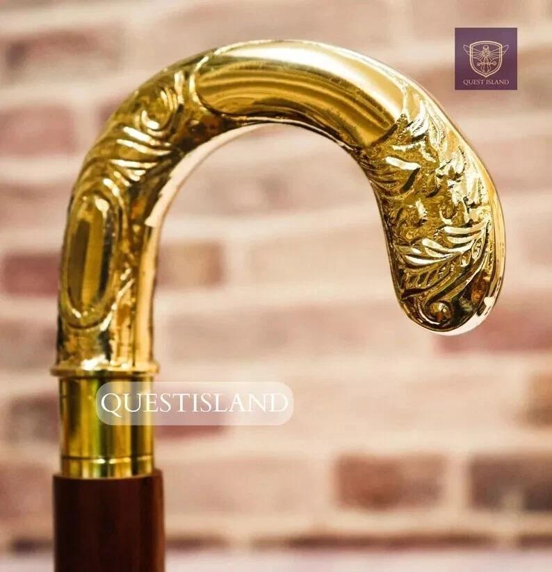 

Walking Stick Handle Brass Wooden Victorian Foldable Cane Collectible Mens Gift золотой