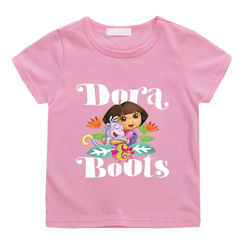 Dora Cartoon Print Kinder 100% Baumwolle T-Shirt 2-12 Jahre Jungen Mädchen Unisex Mode Weich Kurzarm Lässig Anime T-Shirt Grafik T-Shirt Sommer Oberteile 160 rosa