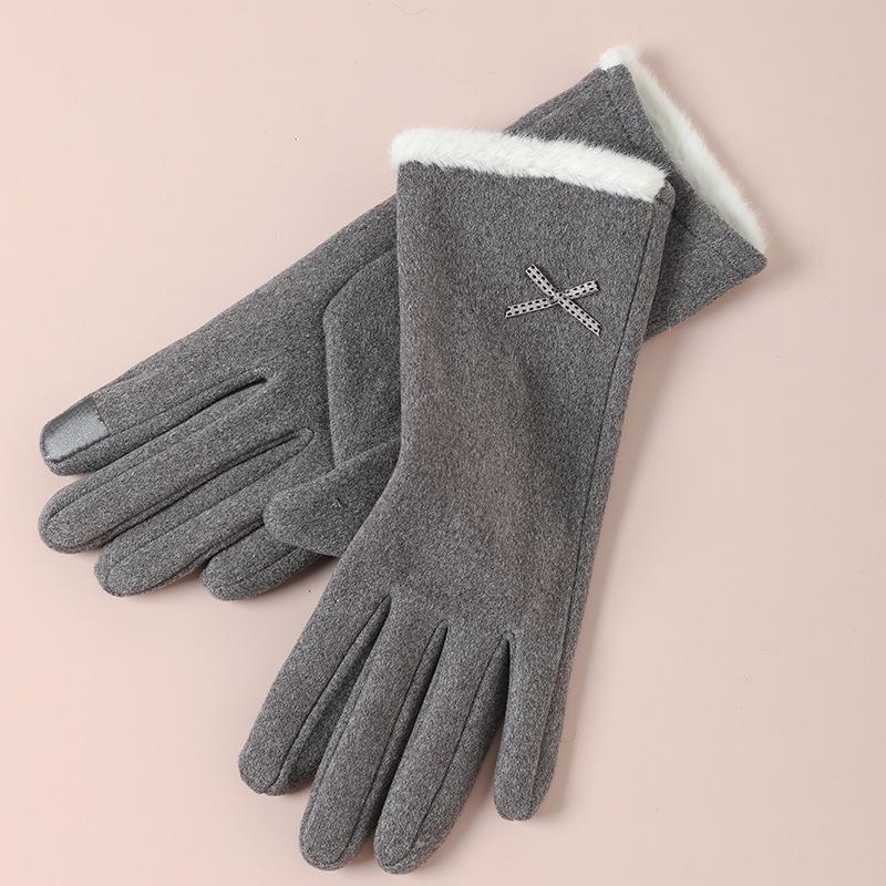 Warm Gloves for Women Rabbit Fleece Cute Bow Thickened Plush Windproof Riding Touch Screen Autumn and Winter Gloves
