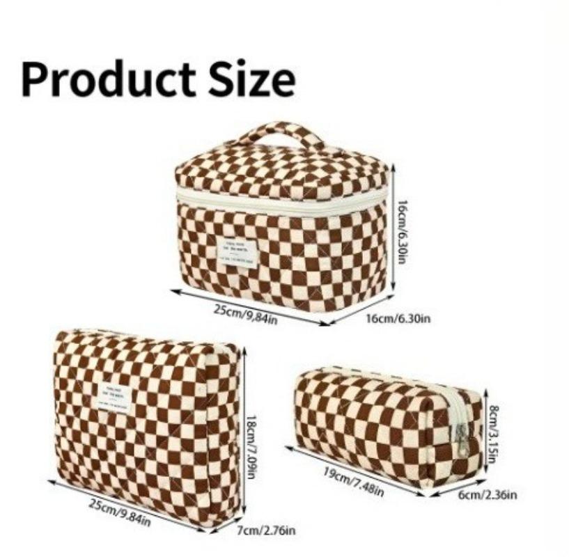 

3pcs/set Checkerboard Grid Large-capacity Hand-held Makeup Bag Portable Storage Bag for Cosmetics Pencil Case Daily Carry Cotton