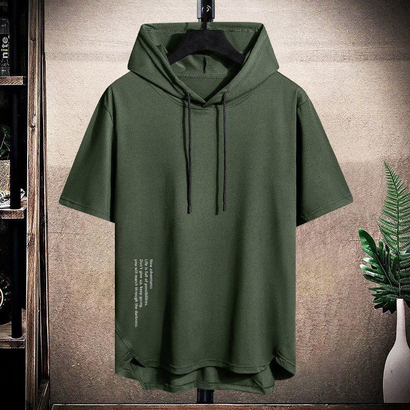 Solid color men's hooded short-sleeved T-shirt men's summer breathable loose hoodie trendy men's thin pullover half-sleeved sweatshirt