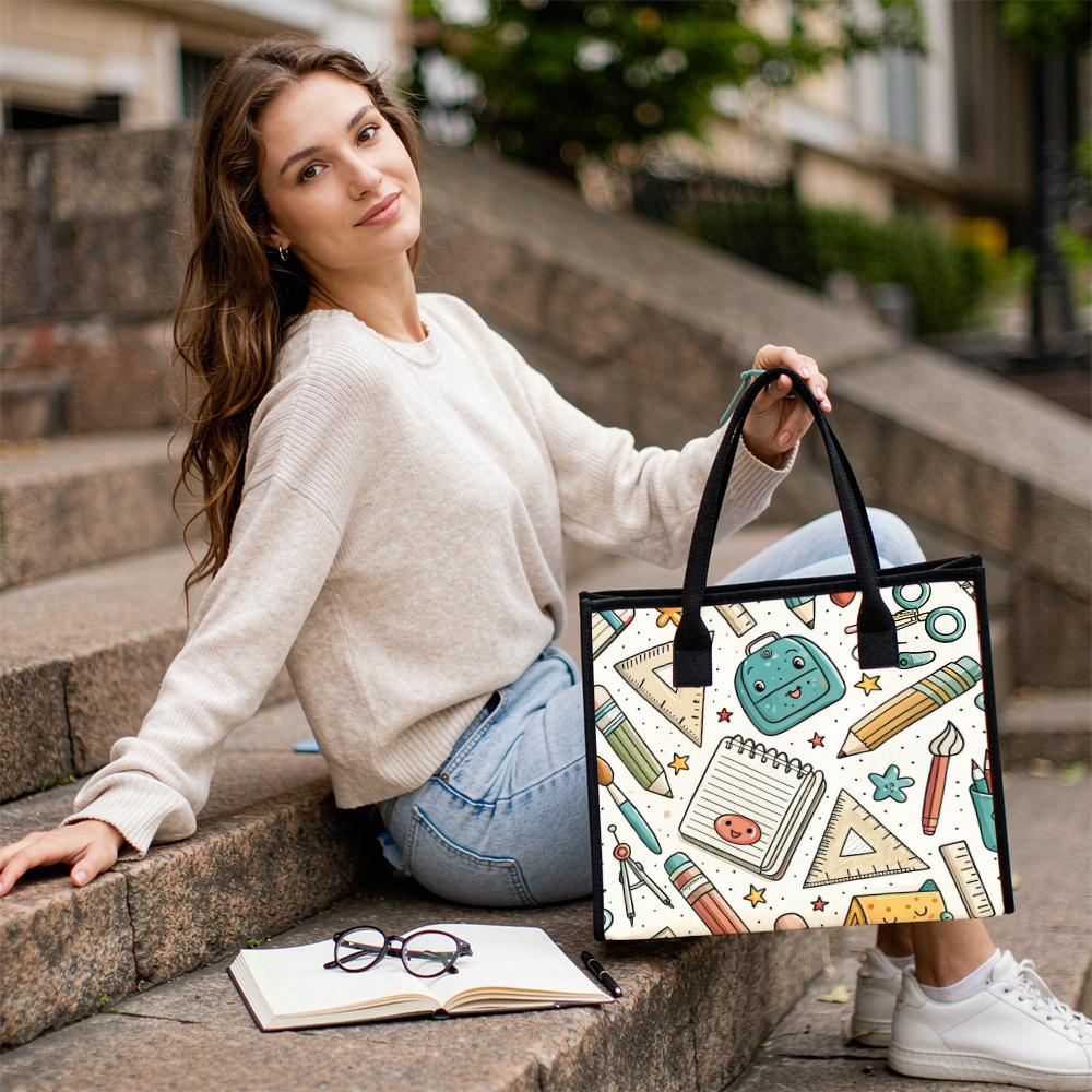 Cute Stationery Print Daily Shoulder Tote Bag Casual Portable Handbag for Shopping School Commute