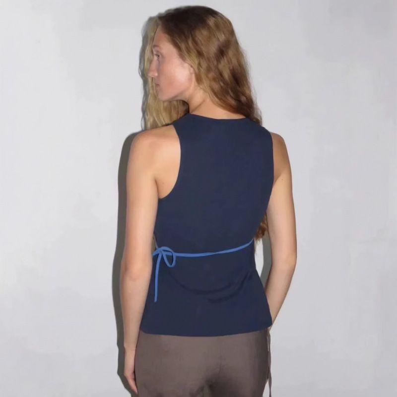 Paloma Wool25 New Spanish Blue Patchwork Wrap Lace-up V-neck Top Sleeveless Vest Women Summer