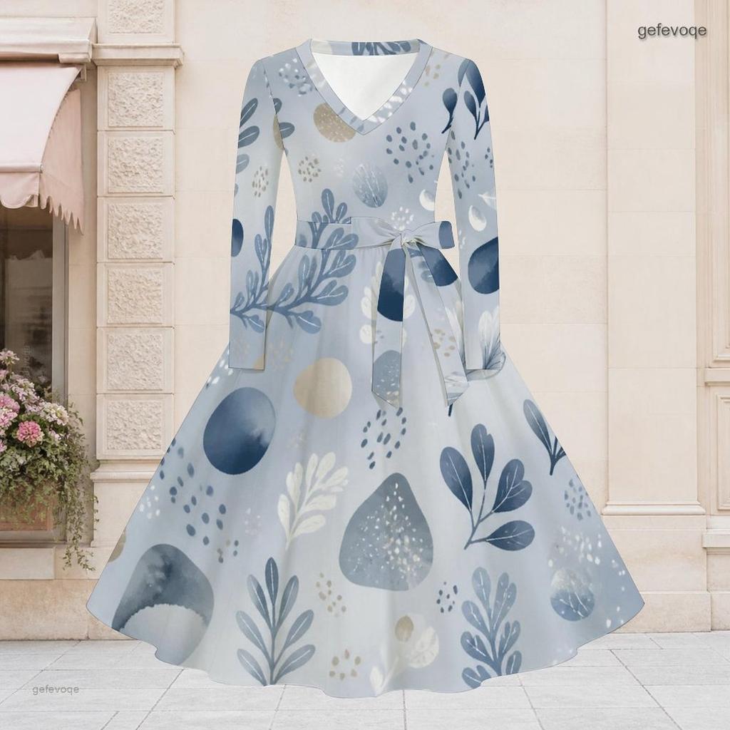 Women Plus Size V Neck Long Sleeve Printed Tie Waist A Line Flared Midi Dress