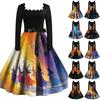 Women's Vintage Long Sleeve Square Neck Halloween Printed Party Dress for Evening Wear