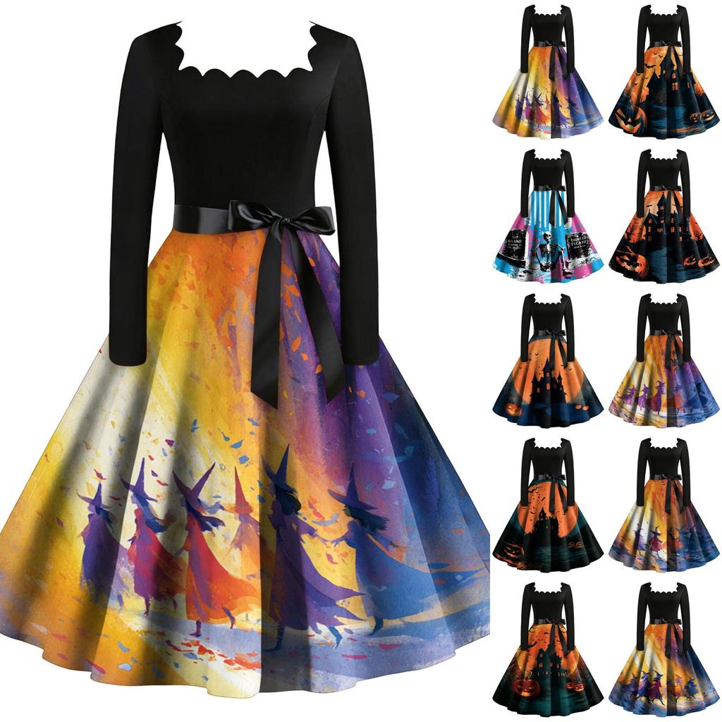Women's Vintage Long Sleeve Square Neck Halloween Printed Party Dress for Evening Wear