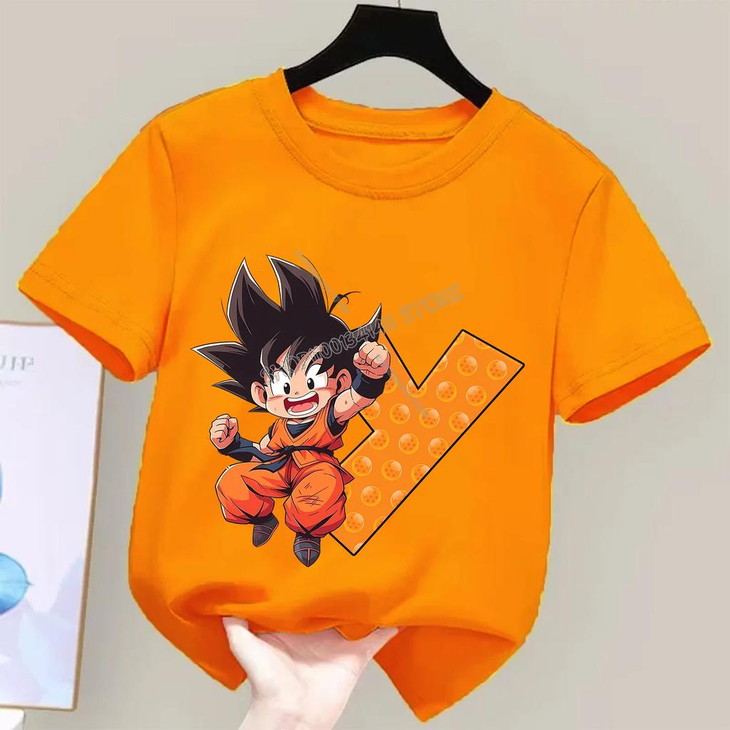Dragon Ball Goku T-shirt for Children Cartoon A-Z Letters Tee Top Boys Girls Orange Clothes New Kids Short Sleeve Clothing Gift