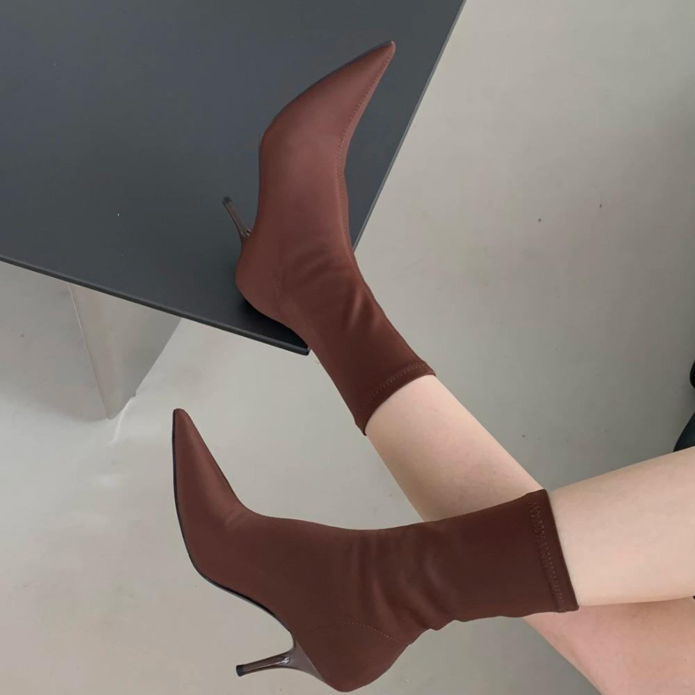 Stivali alla caviglia da donna in tessuto elasticizzato Autunno Primavera Punta appuntita sexy Tacco alto Moda Calzini da donna Scarpe con tacco a spillo