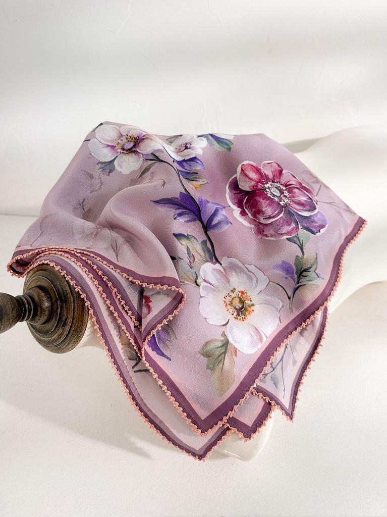 Classic retro spring new 111 mulberry silk square scarf premium light luxury national style double crepe lace silk scarf women's accessories