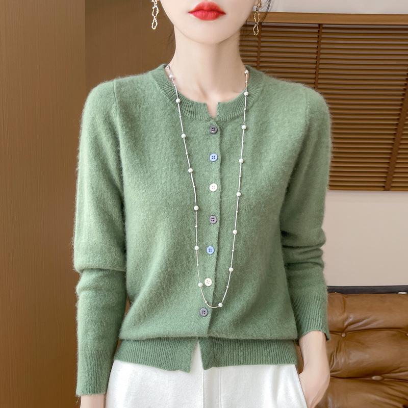 Women's 2024 Pure Wool Knit Cardigan - Round Neck, Long Sleeve, Versatile Base Layer