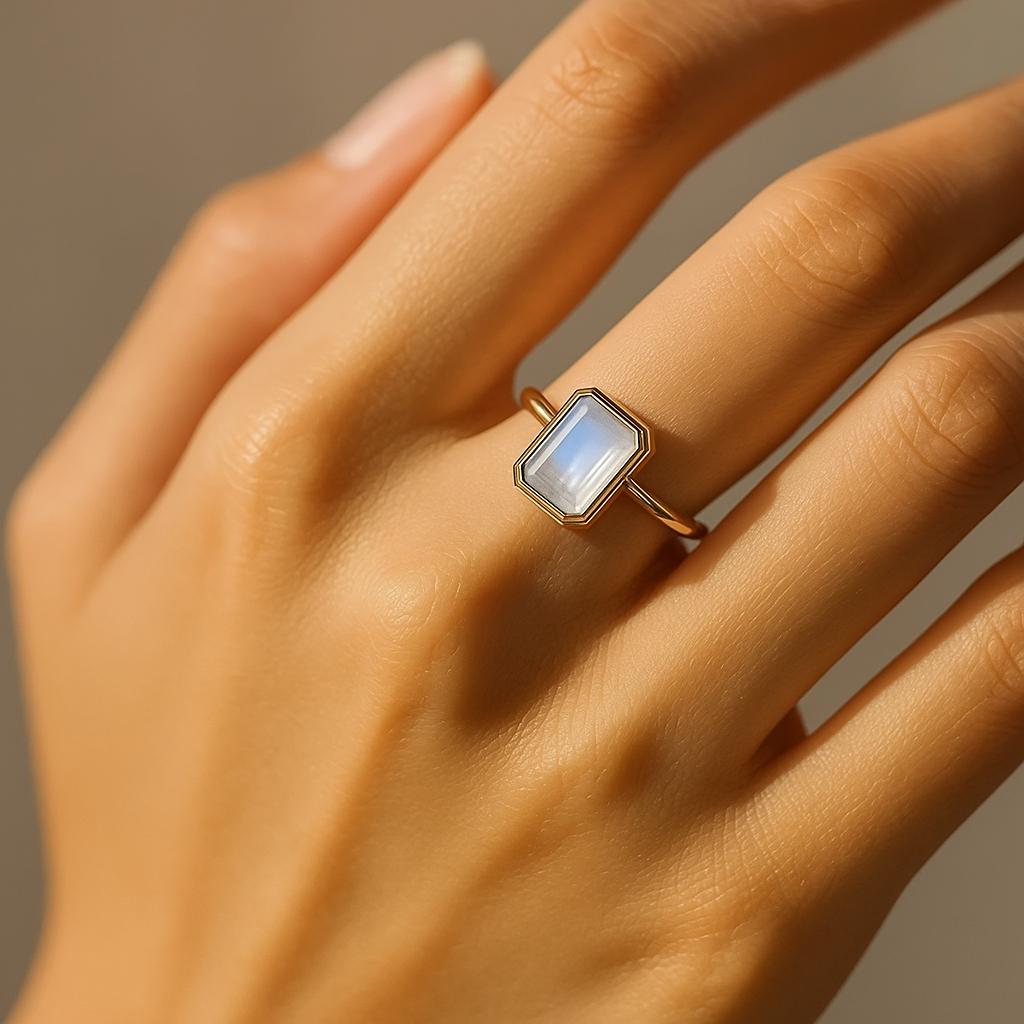 White Moonstone Emerald Cut Gold Plated Ring for Women – Elegant Minimal Jewelry