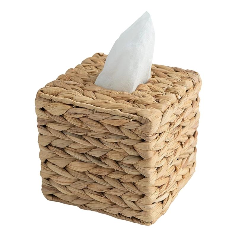 Handmade Water Hyacinth Storage Basket for Tissues Woven Paper Towel Box with Lid Natural Home Decoration