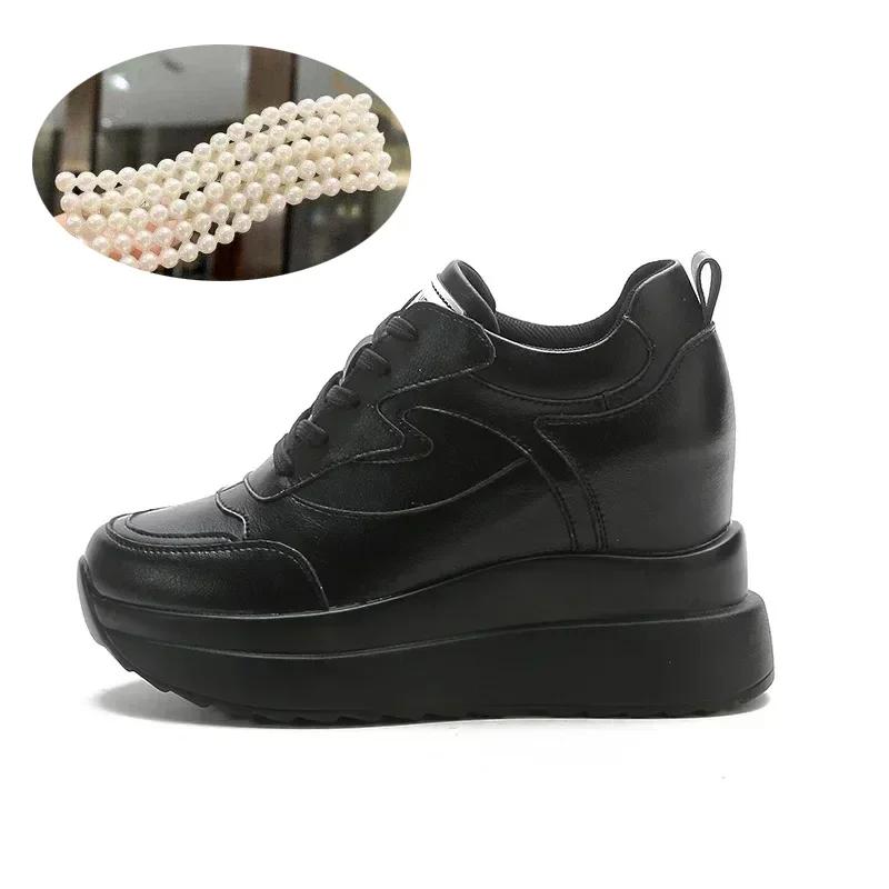 Women Platform Trainers Genuine Leather Autumn Winter Sneakers 10CM Heels Wedges Shoes Breathable Height Increased Sneaker Woman