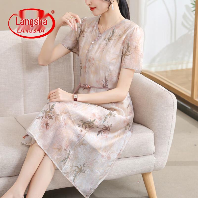 LangSha National Style Chiffon Summer Dress for Middle-Aged Women 2XL