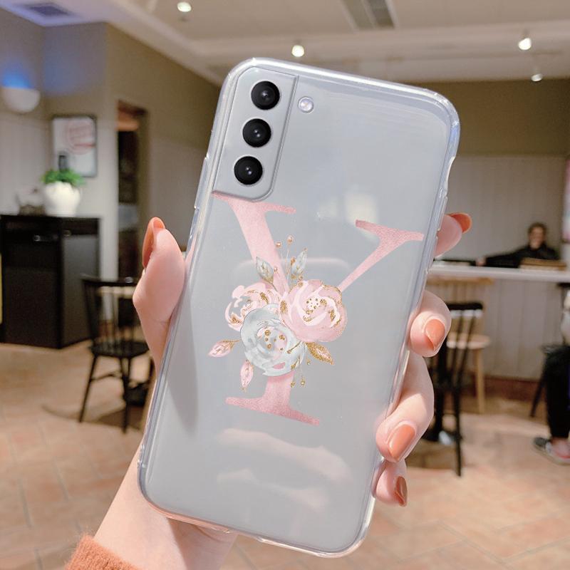 Initial Letter Cover For Samsung Galaxy S23 S24 S25 Plus Ultra Case Transparent Soft Silicone Flowers Capa For Samsung S23+ Bag