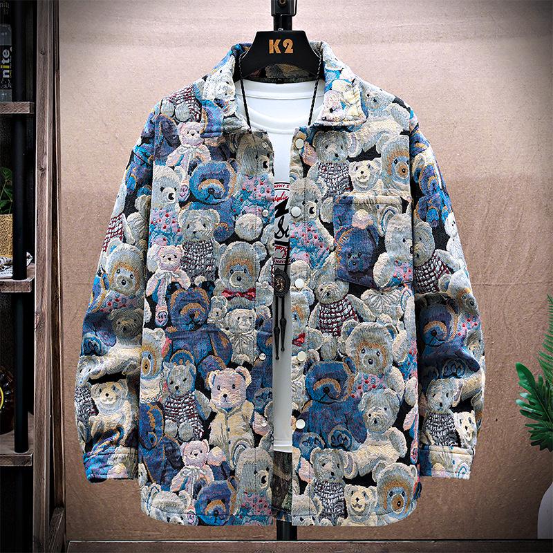 Jachetă Denim Jacquard cu Ursuleț pentru Bărbați - Nouă Modă Streetwear Toamnă/Iarnă