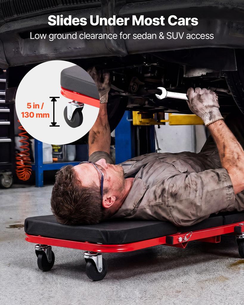 VEVOR 920mm 3-in-1 Folding Mechanic Creeper, Z-Creeper Garage Roller, 150kg Under Car Rolling Creeper with 6 Swivel Casters, Padded Headrest