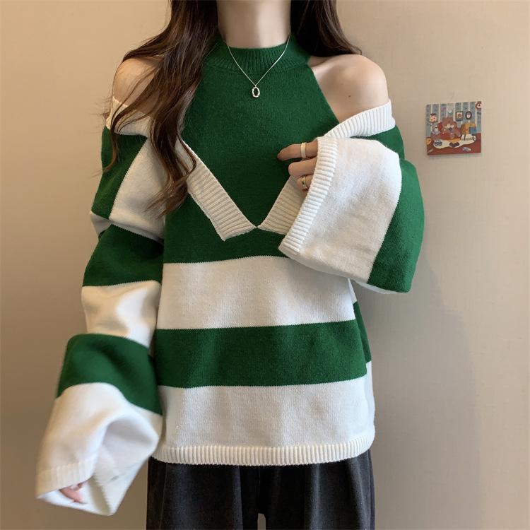 Fake Two Neck Hanging Off Shoulder Long Sleeved Pullover Sweaters for Women In Autumn and Winter Loose and Slimming Chic Tops