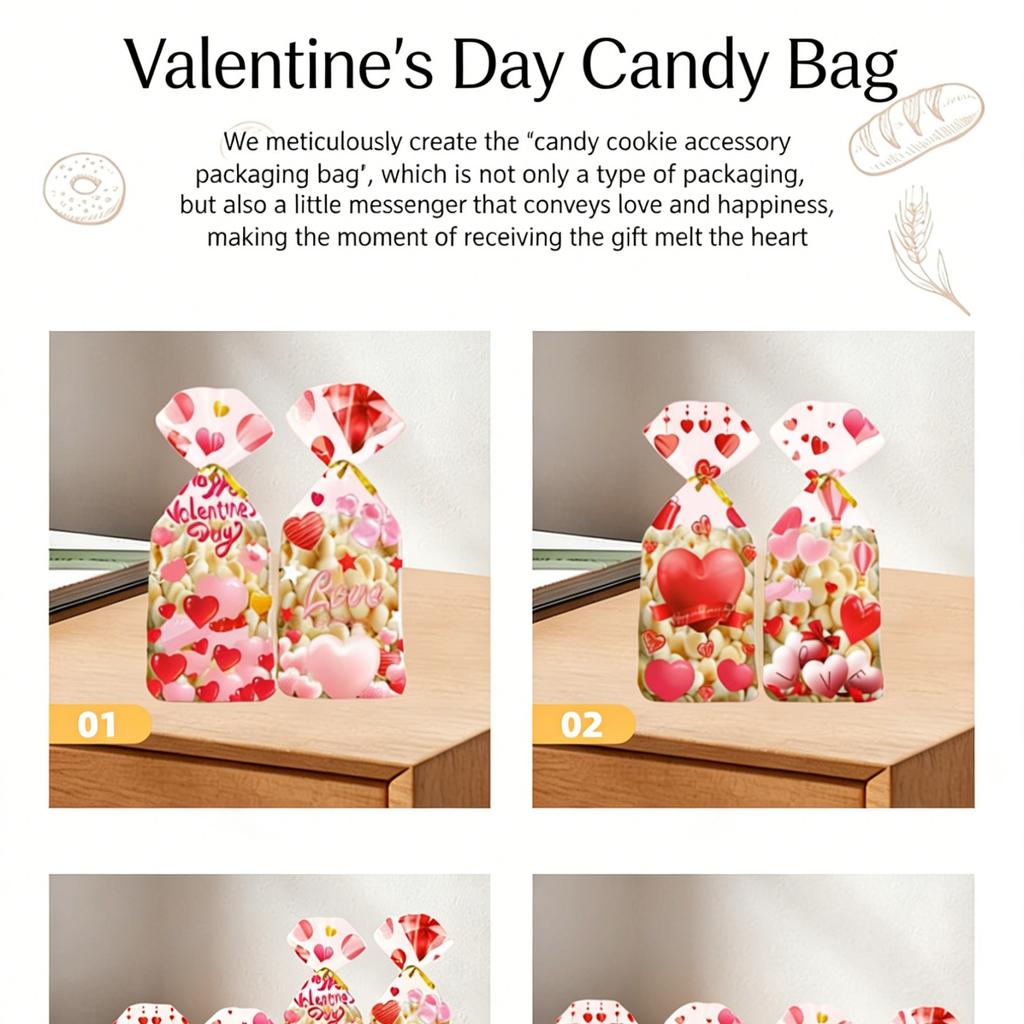 50Pcs Valentines Day Candy Bags Red Hearts Snacks Bags With Gold Ties Valentines Party Bags Happy Valentine’s Day Print Bags Wedding
