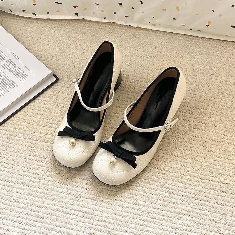 Fashion Spring New Coarse Heel Single Shoes Women Round Head Shallow Mouth Butterfly Knot Line with Anti-slip Wear-resistant High Heels
