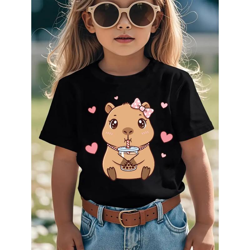 European Sizes Summer Fashion Short-Sleeve T-Shirt for Girls Featuring a Casual And Versatile Capybara Cartoon Print of Drinking Milk Tea