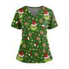 Women's Christmas Print V-Neck Double Pocket Short Sleeve  Uniform Top With Slit Hem