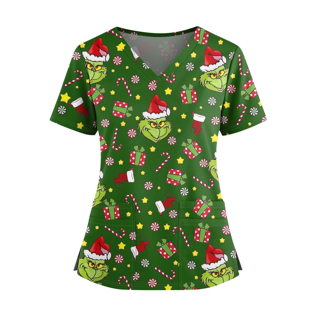 Women's Christmas Print V-Neck Double Pocket Short Sleeve Uniform Top With Slit Hem