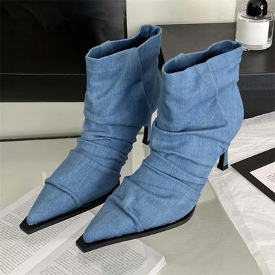 Fashion 2024 New Denim Pleated Women Ankle Boots Women Autumn Winter Sexy Pointed Toe Thin Heels Women Shoes Zip Pumps Botas Mujer